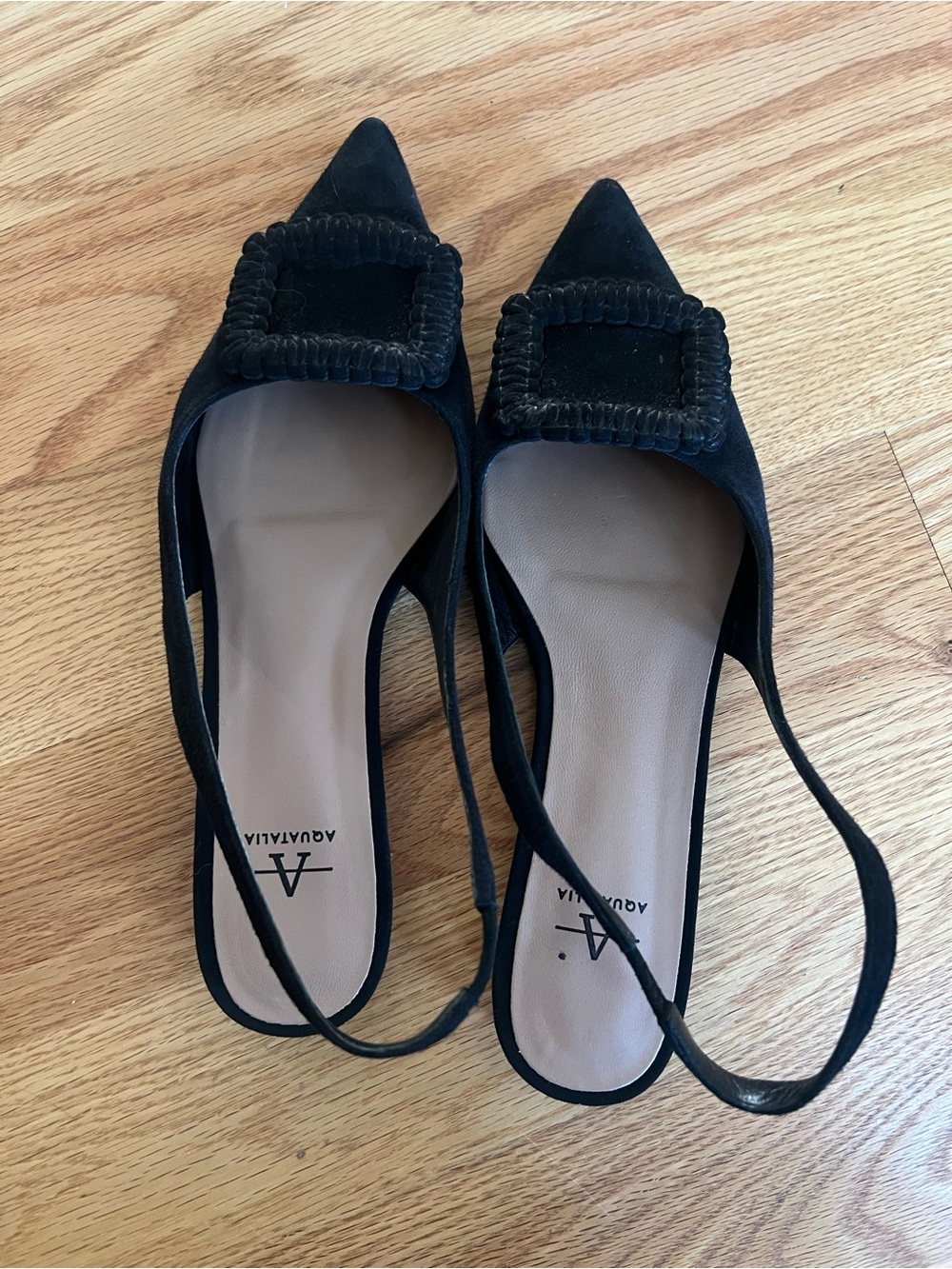 Aquatalia Black Pointed Slingback Flats with Decorative Square Buckle